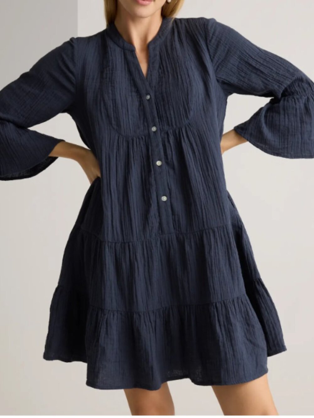 Quince 100% Organic Cotton Gauze Long Sleeve Tiered Mini Dress Blue XL NWOT - Picture 2 of 4